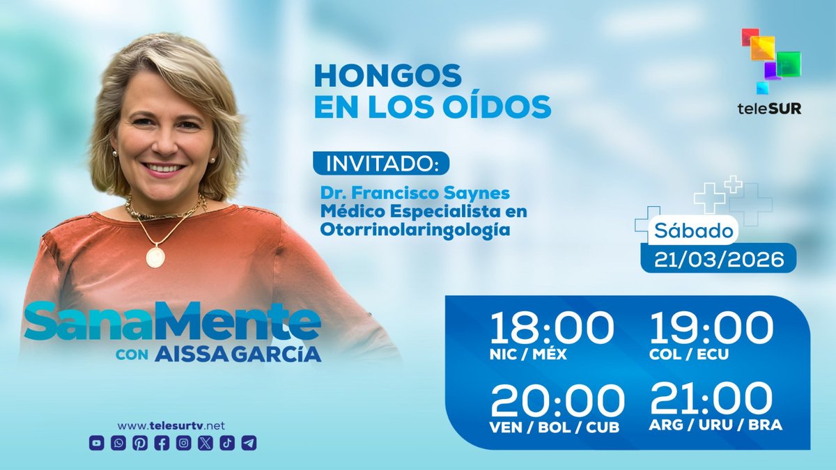🍄👂🏾 ¿Sabías que tu oído puede convertirse en el ecosistema perfecto para los hongos? 

No te pierdas nuestro nuevo episodio de #SanaMente con <a href="/AissateleSUR/">Aissa García García</a> y el Dr. Francisco Saynes, Otorrinolaringólogo.

📌HOY, por la señal de <a href="/teleSURtv/">teleSUR TV</a> 👇🏾 
youtu.be/VNRA0m24se0