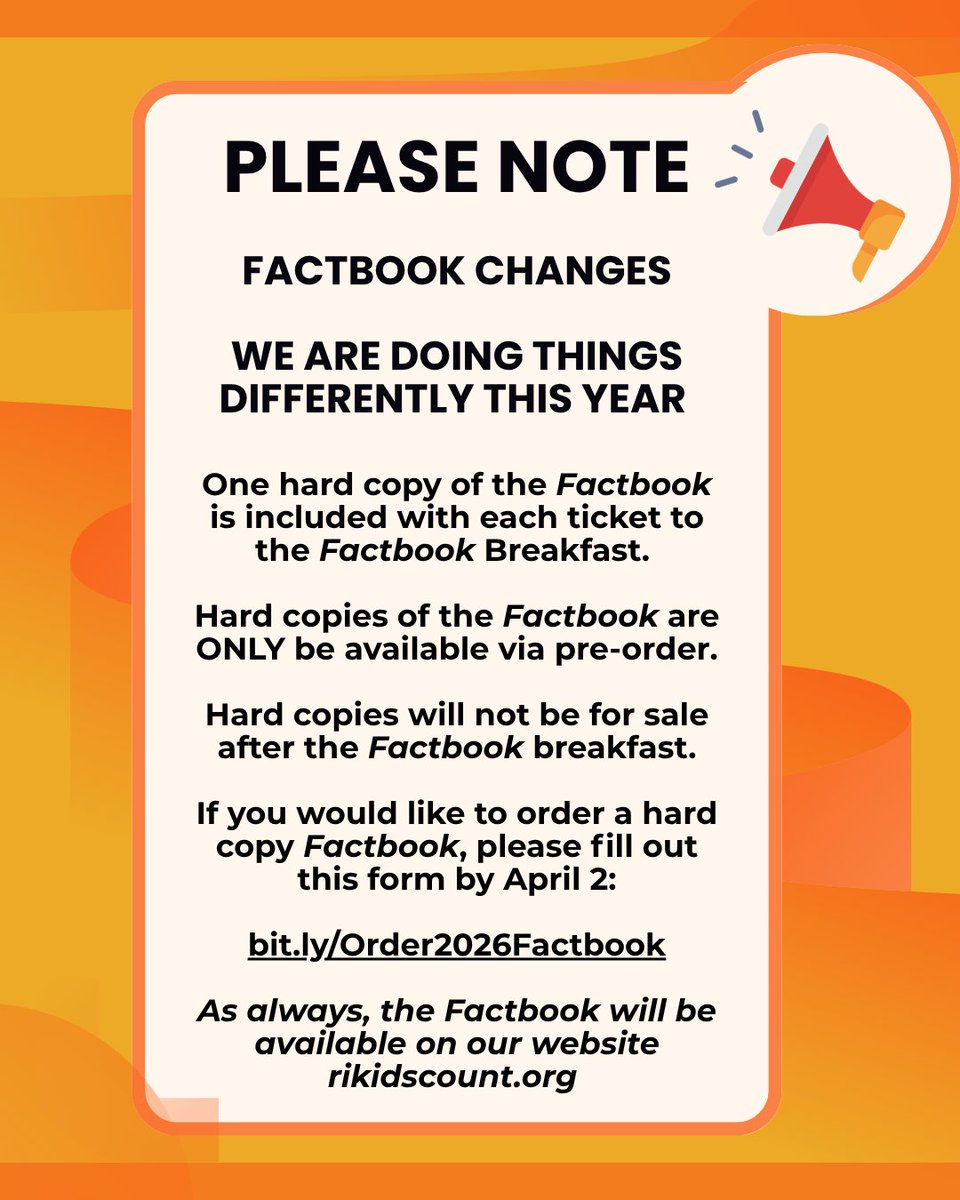 RIKidsCount's tweet photo. ‼️PLEASE NOTE ‼️1 hard copy of the Factbook is included w each ticket to the Breakfast. 

⚠️Hard copies of the Factbook are ONLY be available via pre-order and must be ordered by 4/2: https://t.co/TaQe2gBiOh ⚠️

As always the Factbook will be available @
https://t.co/05SWaSac48 https://t.co/WJmUCG9iDN