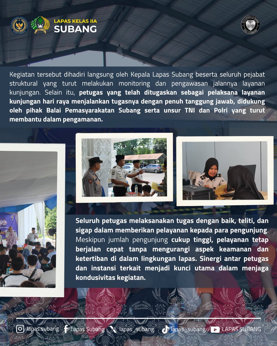 lapas_subang's tweet image. Hari pertama kunjungan Hari Raya Idul Fitri 1447 H di Lapas Subang berjalan lancar, tertib, dan aman 🙏✨

#Kemenimipas
#DitjenPAS
#KanwilDitjenPASJawaBarat
#lapassubang
#IdulFitri1447H