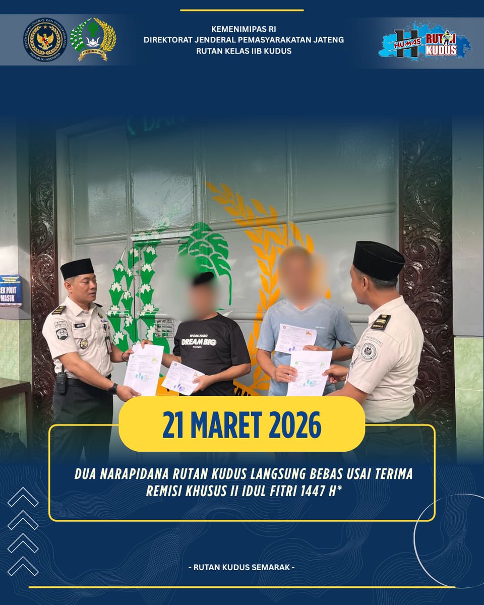 rutankudus's tweet image. DUA NARAPIDANA RUTAN KUDUS LANGSUNG BEBAS USAI TERIMA REMISI KHUSUS II IDUL FITRI 1447 H

Baca selengkapnya...
instagram.com/p/DWJdxO8kes5/…

#kemenimipas
#guardandguide
#ditjenpas
#pemasyarakatan
#kanwilditjenpasjateng