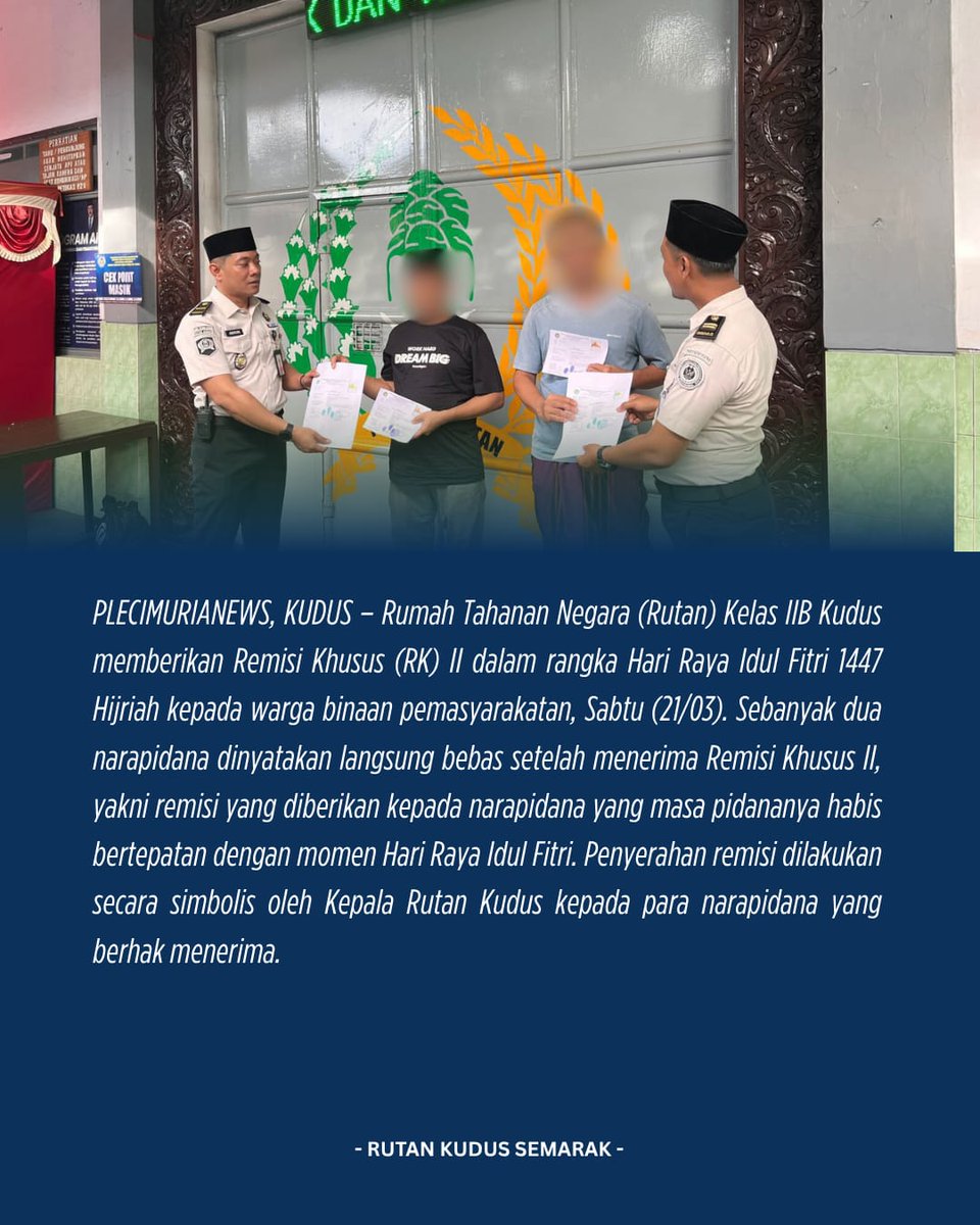 rutankudus's tweet image. DUA NARAPIDANA RUTAN KUDUS LANGSUNG BEBAS USAI TERIMA REMISI KHUSUS II IDUL FITRI 1447 H

Baca selengkapnya...
instagram.com/p/DWJdxO8kes5/…

#kemenimipas
#guardandguide
#ditjenpas
#pemasyarakatan
#kanwilditjenpasjateng