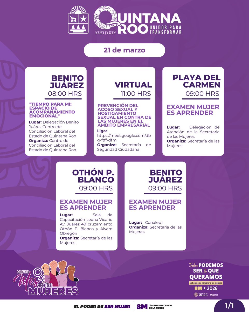 Continúan en distintos municipios de #QuintanaRoo las actividades, talleres, encuentros y espacios de participación en el marco del #8M, para fortalecer los derechos, la participación y el bienestar de las mujeres.

📲 Consulta la cartelera completa aquí: 🔗