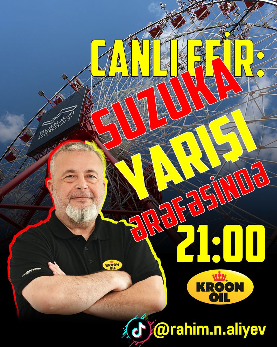 RahimNAliyev's tweet photo. Gələn həftə bizi #Yaponiya - əfsanəvi #Suzuka trası gözləyir. Bu yarış ərəfəsində paddokda nələr danışılır? Bu barədə axşam saat 21:00-da TikTok kanalımızda #CANLI yayımda müzakirəmiz olacaq.
 
Müzakirədən sonra isə canlı efirdə sizin sualları cavablandıracağam, inşəAllah.
 
 #f1 https://t.co/oJVltZXxyX