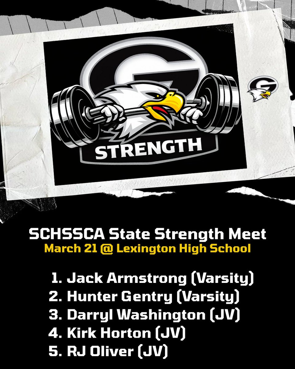 GCA_FB's tweet photo. Best of luck today to our athletes competing in the @SCHSSCA_sc State Strength Meet today
#FlyHigh #AllWeGot https://t.co/NKyPIB6QcV