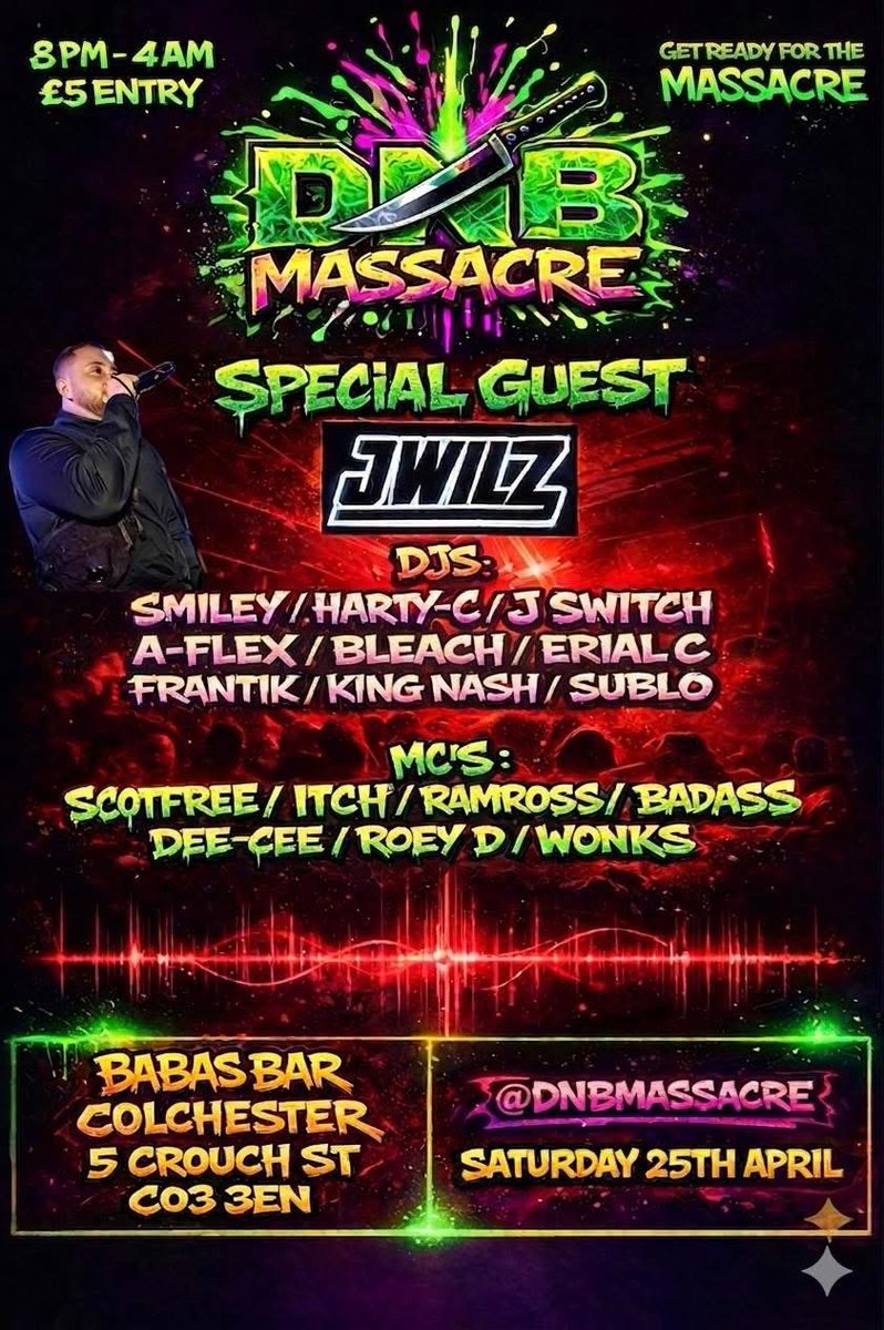 jswitchuk's tweet photo. Catch @jswitchuk at The return of Dnb massacre  @ Baba's Bar Colchester on the 25th of April with a top line up to go with it, this ain’t one to be missed! See you there!
💯🎧🔉👀 https://t.co/1CsifWoI3R