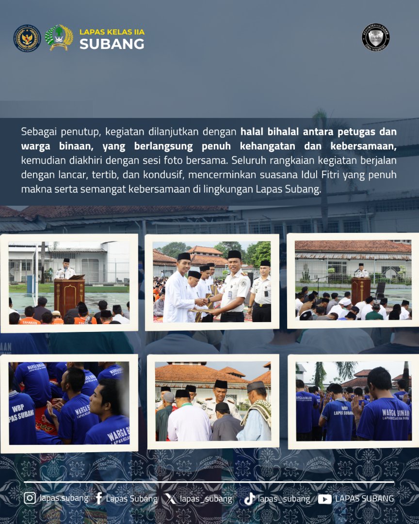 lapas_subang's tweet image. ✨ Idul Fitri 1447 H di Lapas Subang ✨

Momentum kemenangan dirayakan dengan penuh khidmat melalui Shalat Idul Fitri berjamaah yang dilanjutkan dengan pemberian Remisi Khusus kepada 520 Narapidana. 
#Kemenimipas
#DitjenPAS
#KanwilDitjenPASJawaBarat
#LapasSubang
#IdulFitri1447H