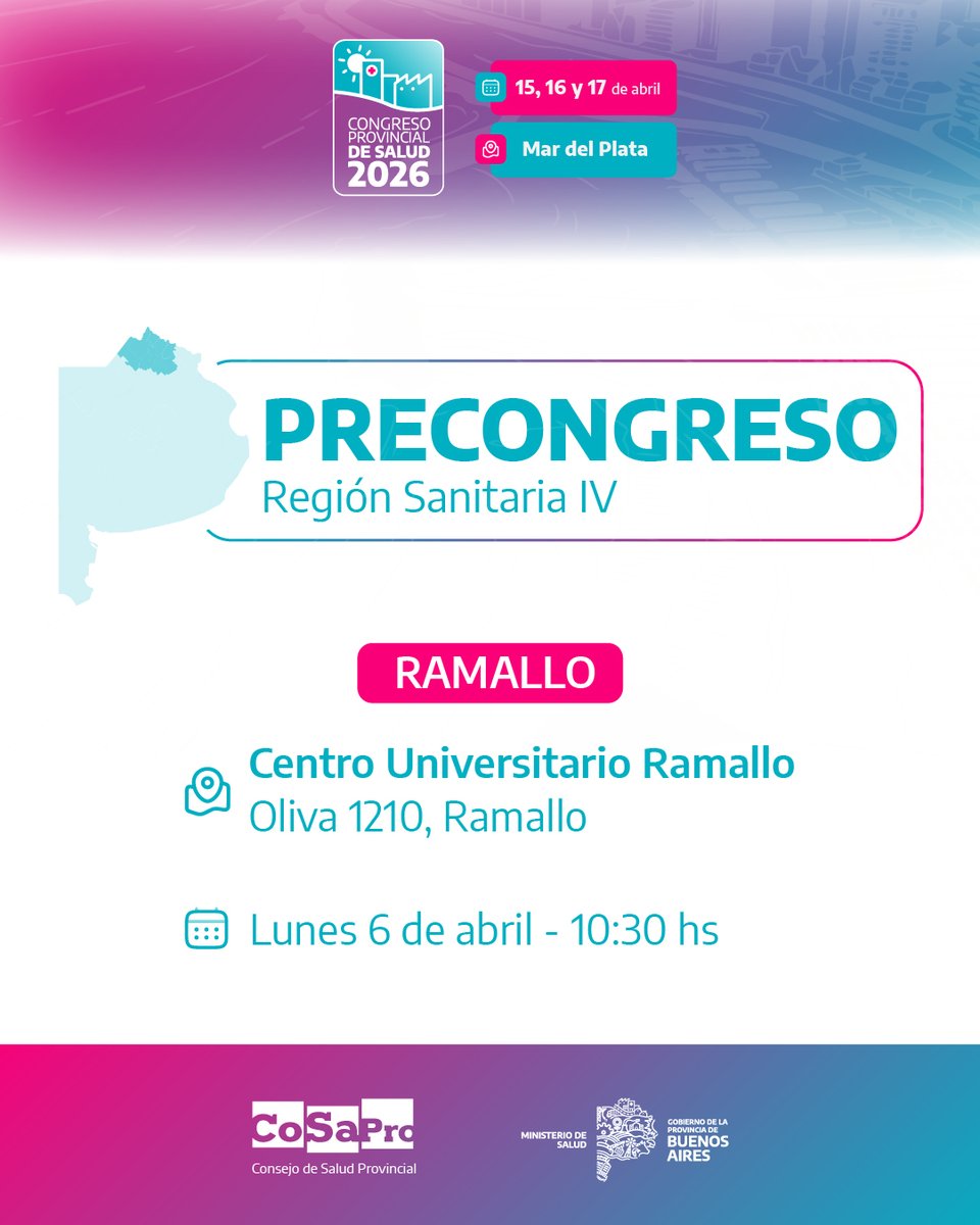 _COSAPRO's tweet photo. ¡Último Precongreso rumbo al CoSaPro! 🤩
Nos encontramos con las y los trabajadores de la @RegSanIV en el Centro Universitario de #Ramallo para dar cierre a los encuentros previos al Congreso, nos vemos allá.
Link de inscripción: https://t.co/Yr220jHzkz https://t.co/0zMztyJiPI
