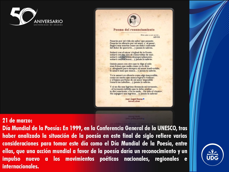 Universidad_UDG's tweet photo. 21-marzo
Día Mundial de la Poesía. Y Cuba es un país hecho verso, desde la sencillez de un punto guajiro hasta la altura de los versos sencillos de Martí. Celebremos la palabra. 📜🇨🇺
#50AñosFormandoFuturo #100AñosConFidel https://t.co/Wk2bhH1Yot