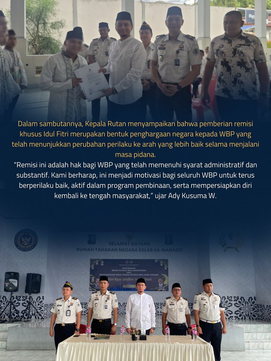 humasrutan81822's tweet image. Manado, 21 Maret 2026 — Rutan Manado Serahkan Remisi Khusus Hari Raya Idul Fitri

#Kemenimipas
#Pemasyarakatan
#KanwilDitjenPASSulut
#RutanKelasIIAManado
