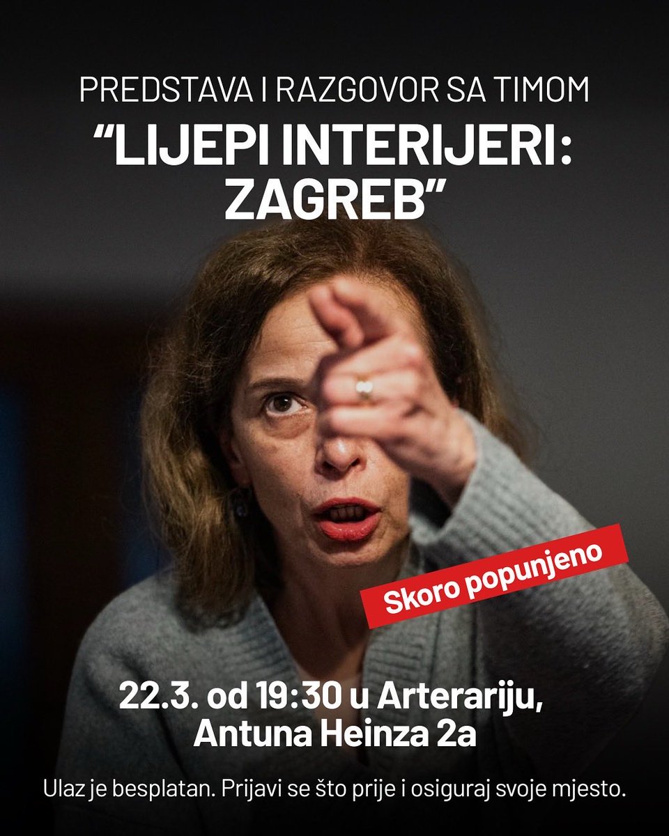 *MJESTA SU SKORO POPUNJENA 

Može li prostor pamtiti povijest?

Predstava „Lijepi interijeri: Zagreb“, u produkciji Arterarija, vodi nas u zagrebački stan u kojem zidovi pamte.

Nakon izvedbe slijedi razgovor s autorskim i glumačkim timom.

Prijavi se ⬇️
docs.google.com/forms/d/e/1FAI…