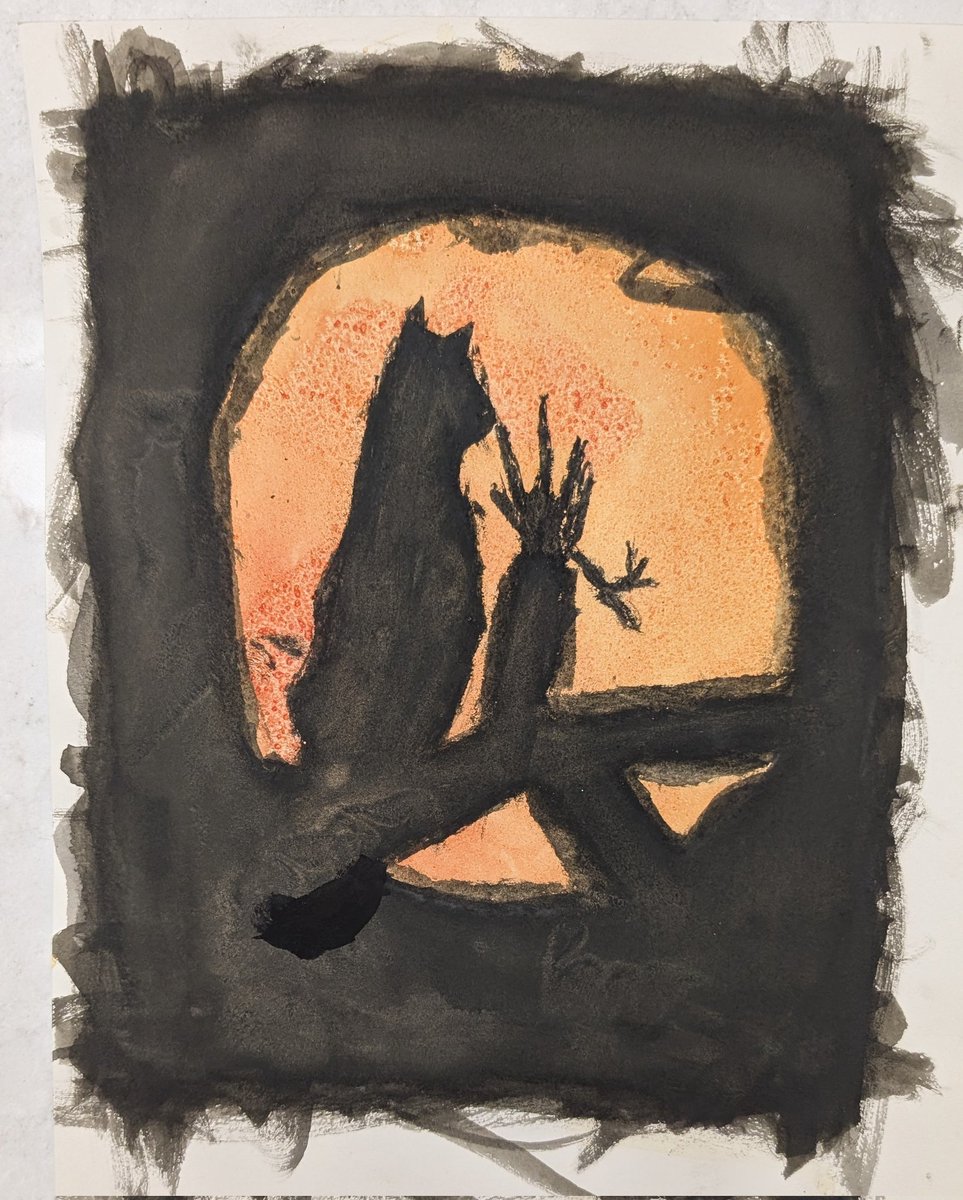 ourplayandart's tweet photo. Philosophical conversion 
with an orange moon
in the forest deep
#orangechallenge
#kidart
#watercolor
#socialart
#artcommunity
#writingcommunity https://t.co/VSoQRO5T3k