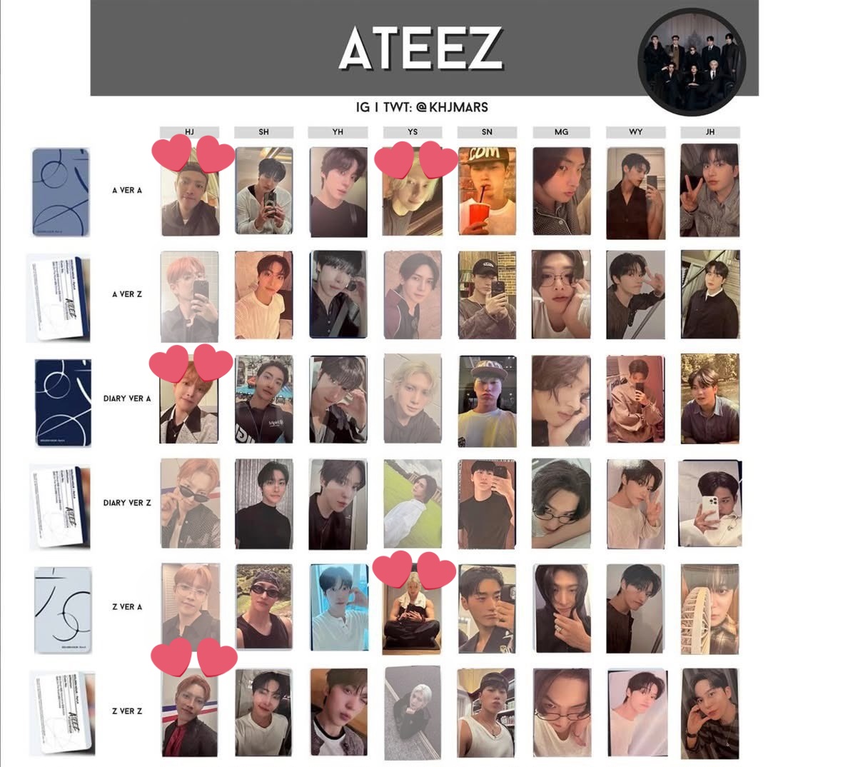 ATEEZ GOLDEN HOUR:Part4 アチズ
封入 通常 トレカ 交換 デジパ

【譲】ソンファ ユノ サン ミンギ ウヨン ジョンホ
【求】2枚目❤ ヨサン(デジパ含)＞ホンジュン＞その他メンバー

重複しているもの、ザパフォ両日orリリイベ16日手渡し可能な方優先

お気軽にリプ DMまでお願いします🙇‍♀️

 #ATEEZ交換