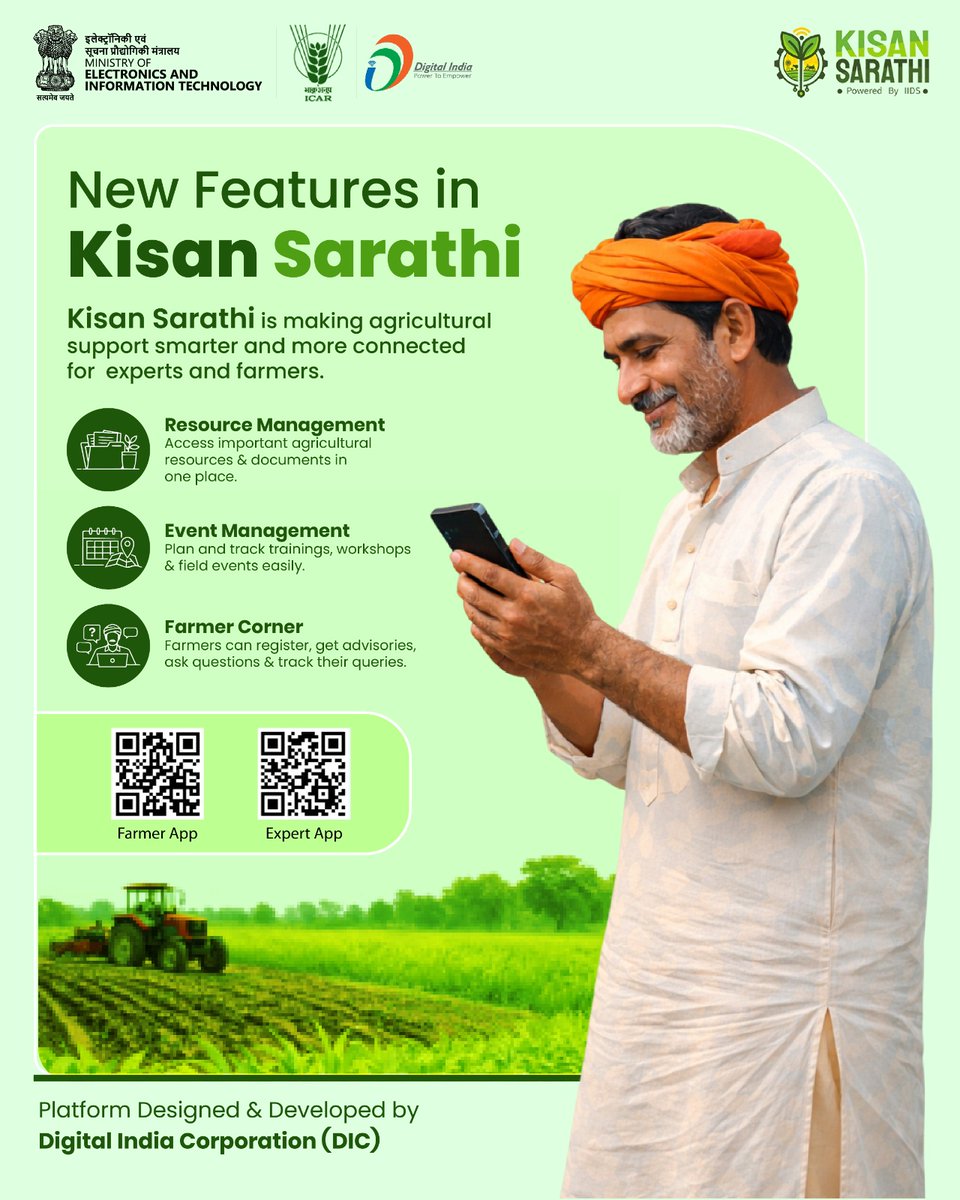 DigitalIndiaCrp's tweet image. Kisan Sarathi just got even better!
Explore new features designed to strengthen the connection between farmers and agricultural experts.
- Resource Management
- Event Management
- Farmer Corner
Supporting smarter farming with digital innovation.

#KisanSarathi #digitalagriculture
