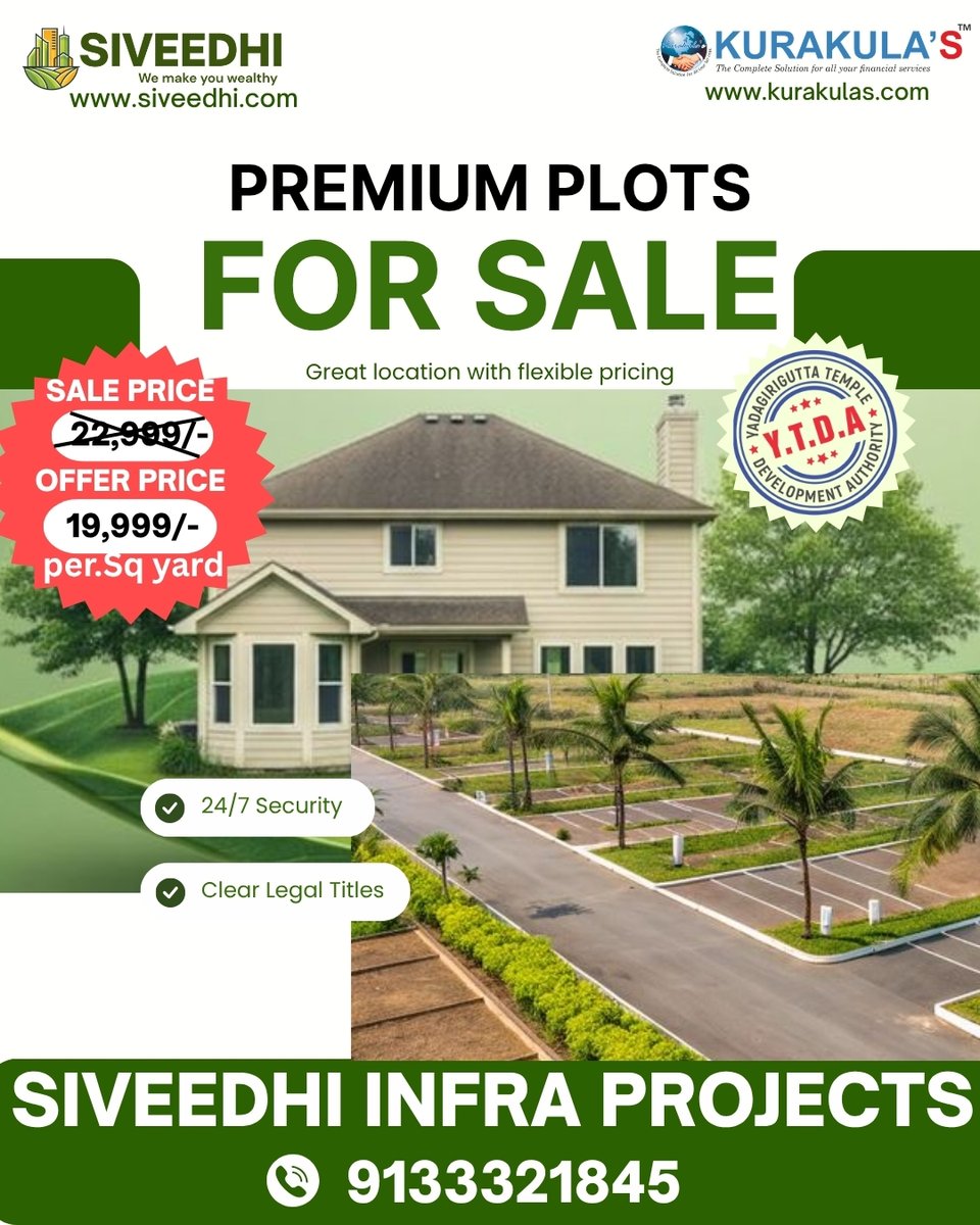 siveedhi's tweet image. Premium Plots FOR SALE!
💰 ₹22,999 → ₹19,999/sq yard✅ YTDA Approved ✅ 24/7 Security ✅ Clear Legal Titles
📍 Prime location near Yadagirigutta 📞 9133321845 🌐 siveedhi.com
Don't miss this limited-time offer! 🔥
#PlotsForSale #HyderabadRealEstate #OpenPlots