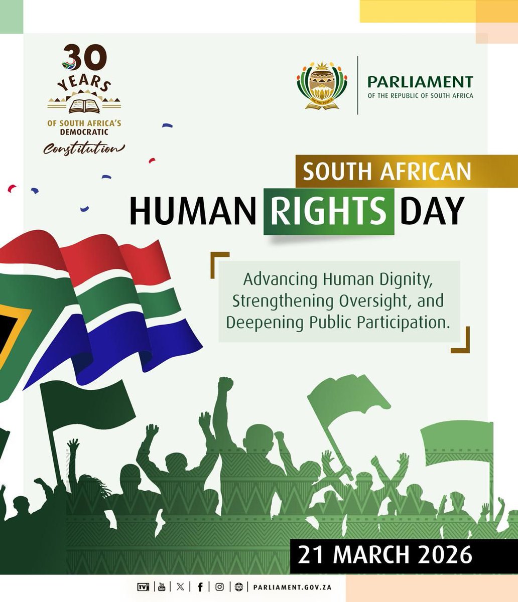 ParliamentofRSA's tweet image. Parliament joins all South Africans in commemorating Human Rights Day 🇿🇦,  a moment to reflect on our shared values of dignity, equality, and freedom.

#HumanRightsDay 
#7thParliament