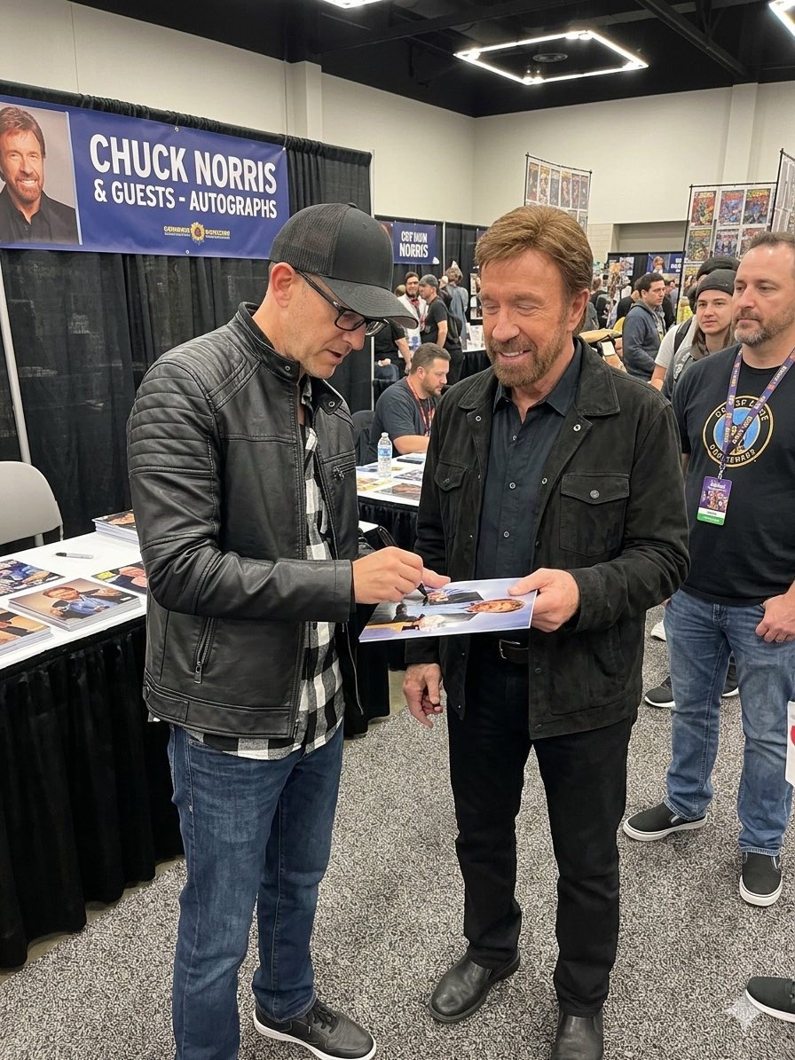 TheHankCastle's tweet photo. My autograph was worthless.
Then Chuck Norris asked for one.
Now it’s considered legal tender.                 RIP Legend! https://t.co/OLBbxJ9oet