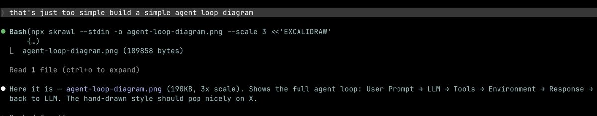 pjay_in's tweet photo. built skrawl, a cli tool that lets your coding agent generate hand-drawn excalidraw diagrams without a browser.

Just give claude code the skill and just ask things like "draw a simple agent loop diagram" and it spits out a real png or svg using excalidraw's aesthetic and font.

code at https://t.co/bue33969gr
