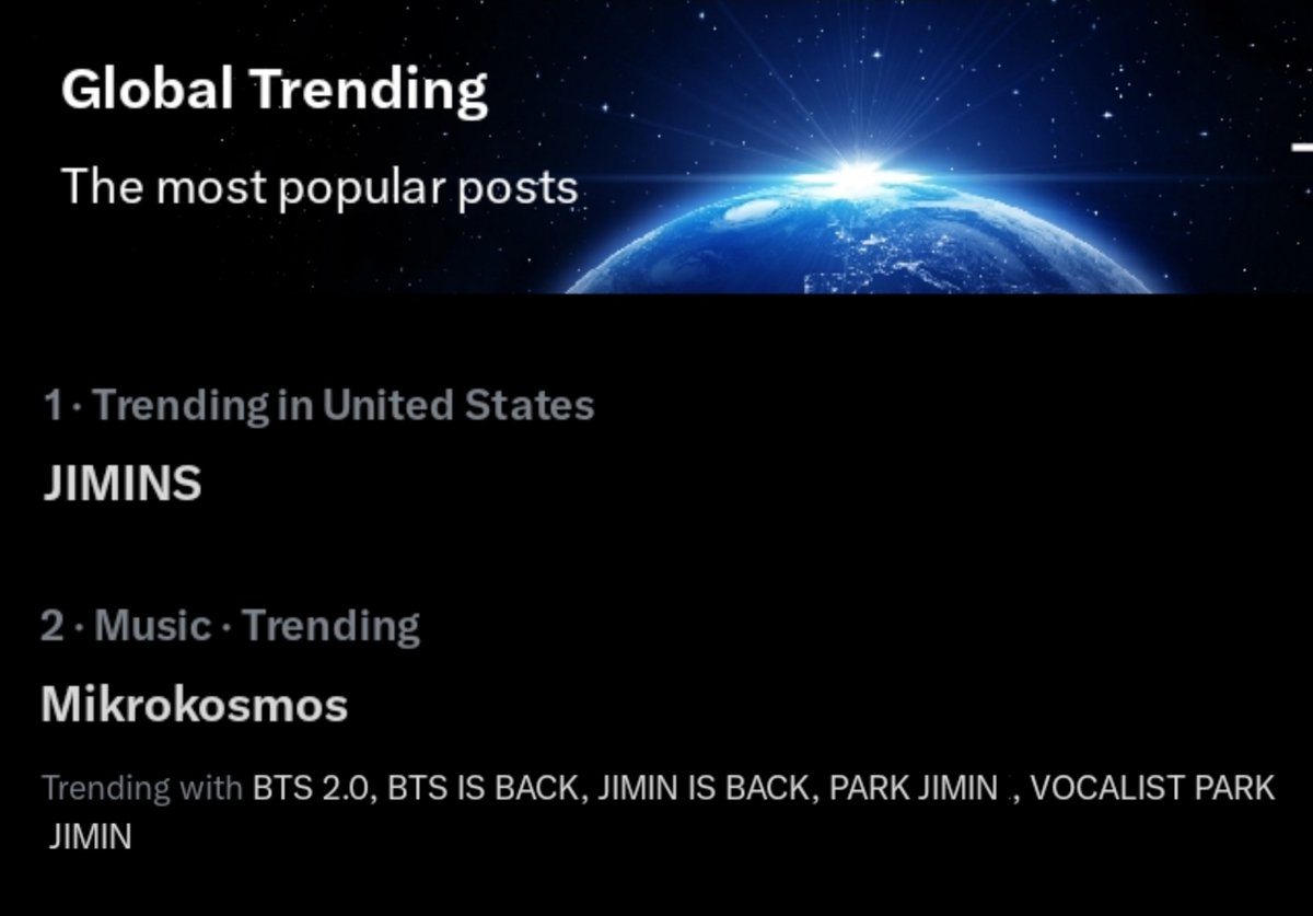 JiminTrendss's tweet image. JIMINS is trending at #1 in the UNITED STATES 🔥 

JIMIN IS BACK 
PARK JIMIN
VOCALIST PARK JIMIN 
#JIMIN_ARIRANG
#지민 #JIMIN
JIMIN JIMIN 

#BTSLiveonNetflix           #JiminXNetflix
