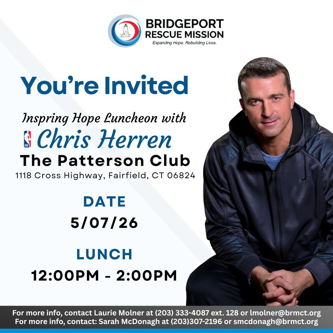 BptMission's tweet photo. Join us for the Inspire Hope Luncheon with Chris Herren on May 7, 2026 | 12–2 PM in Fairfield, CT.
Lunch + inspiration at The Patterson Club.
🔗 https://t.co/fCeD1cuKAQ
#InspireHope #ChrisHerren #HopeInAction https://t.co/pJNGSc6D9r