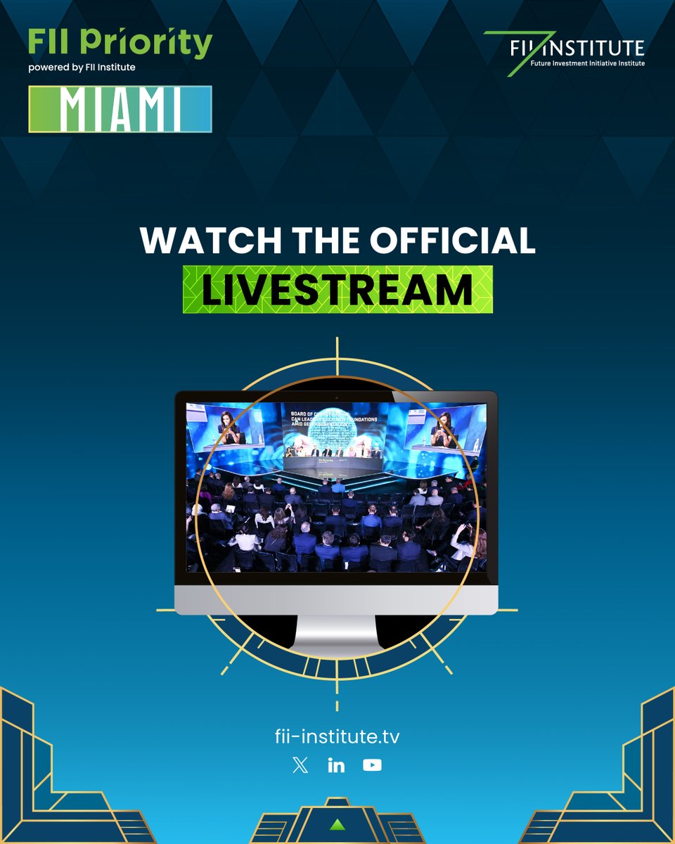 FII_Institute1's tweet photo. Watch the official #livestream of #FIIPRIORITY #Miami on FII Institute TV, #YouTube, and our socials.
Watch conversation between leaders, investors, and policymakers as they shape the future of capital flows for global impact.
Streaming live on March 25, 26 and 27, 2026. https://t.co/Inj5OAvObn