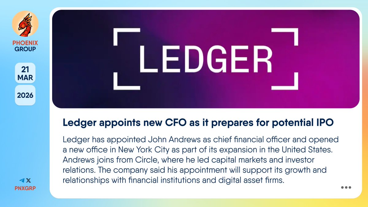 pnxgrp's tweet image. 🔥 @Ledger appoints new CFO as it prepares for potential IPO

#Ledger has appointed John Andrews as chief financial officer and opened a new office in New York City as part of its expansion in the United States. Andrews joins from #Circle, where he led capital markets and