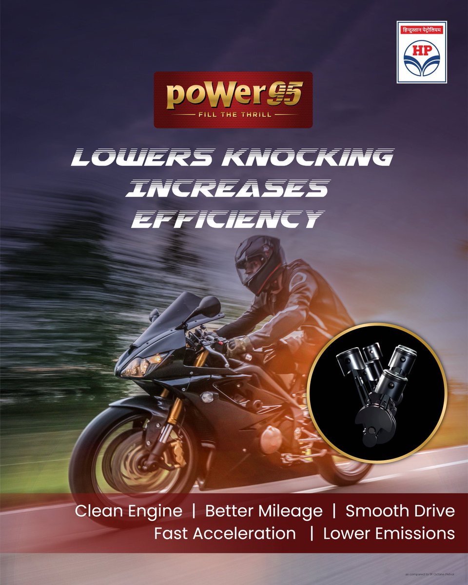 hpclcoimbatore's tweet image. @HPCL’s premium petrol poWer95 reduces engine knocking for a smoother drive, delivers better mileage with lower emissions, cleans the engine &amp;amp; ensures faster acceleration.

Fuel up at any HP Retail Outlet.
poWer95: Fill the Thrill

#HPCL #MeraHPPump #HPRetail #poWer95