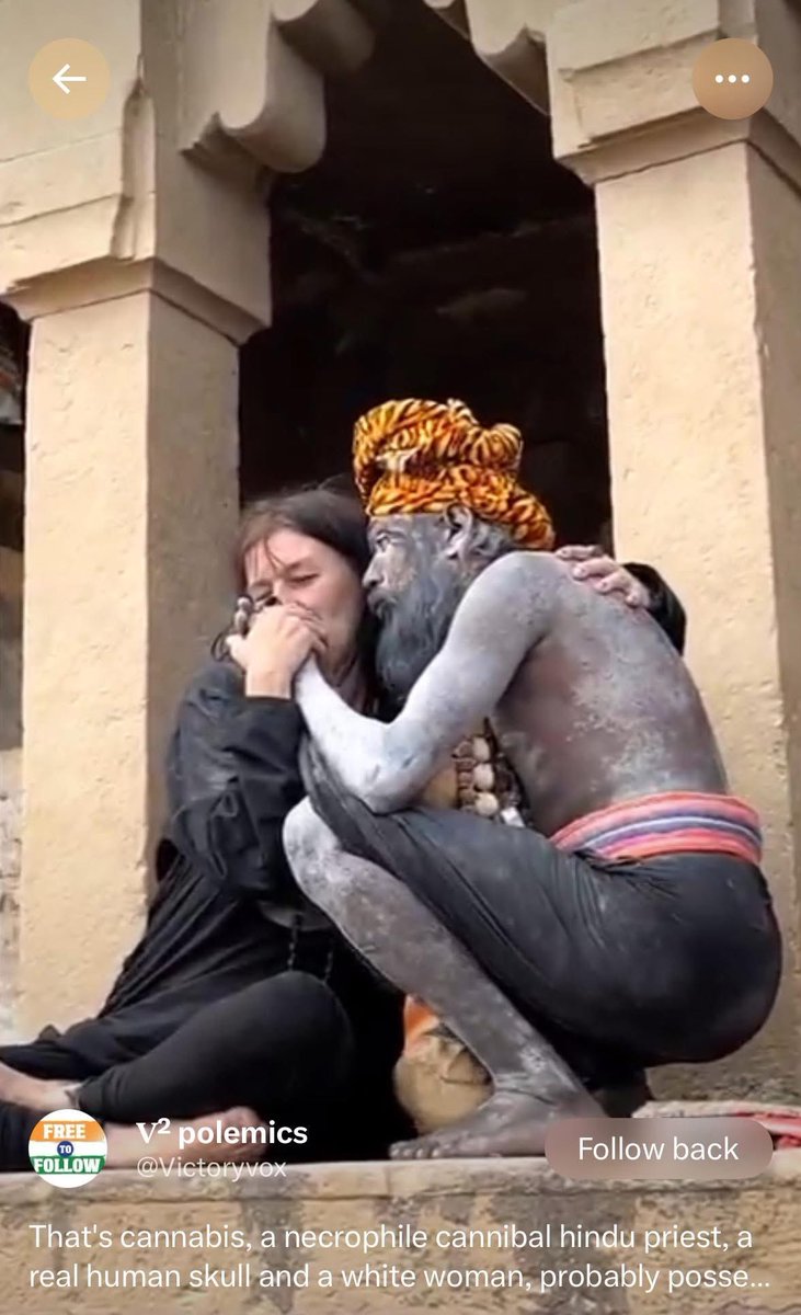 ex_Brahmin's tweet photo. The reason why we see these hippies get fascinated with Hinduism is because Hinduism allows them to fulfill their fleshly desires. No rules. No discipline. No guidelines. No red lines. Do whatever your flesh desires to.

In the video (check comments) you get to see the hippie smoking ganja and then doing a ritual with a human skull. Can you believe it? Doing ritual with human skull is found mentioned in Hindu texts. Hippies are those who challenge traditional values. These people will choose every other religions, just not Christianity.

So, they are not just interested in Hinduism, tomorrow some of them will convert to Islam or to some other faith. These hippies don’t convert because they found Krishna’s or Muhammed’s life to be better than Jesus, but because it allows them to lead a hedonistic lifestyle and also due to something called suicidal empathy which is related to the colonial past and white guilt.

Hinduism allows them to sleep around, smoke ganja, do other drugs and even play with genders. It’s true that most of the lgbtq people in the west are often fascinated with eastern philosophies. Why so? Haha.