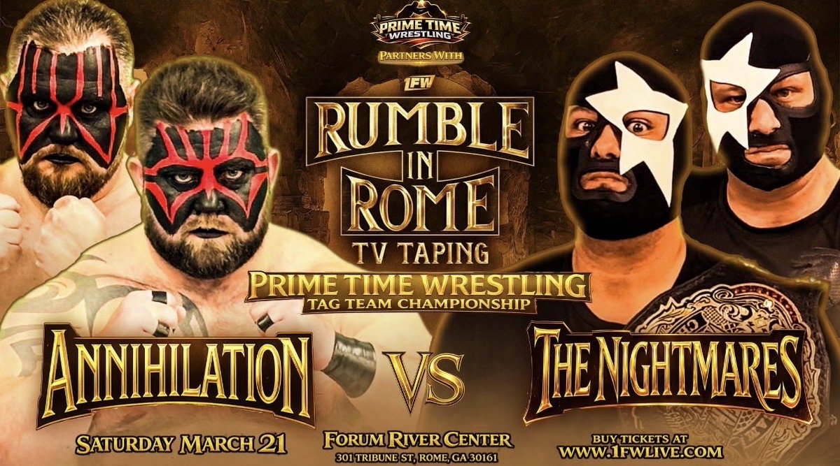 TheCaseyKage's tweet photo. TONIGHT! TONIGHT!! TONIGHT!!!
RUMBLE IN ROME - AN ARN ANDERSON HOMECOMING at the Forum River Center in Rome, Georgia!

-Prime Time Wrestling Tag Team Championship Match-
THE NIGHTMARES (c) vs. ANNIHILATION 
@TheArnShow @RealJeffJarrett @RealBillyGunn 
#prowrestling #TheNightmares https://t.co/D7O19rn3Z6