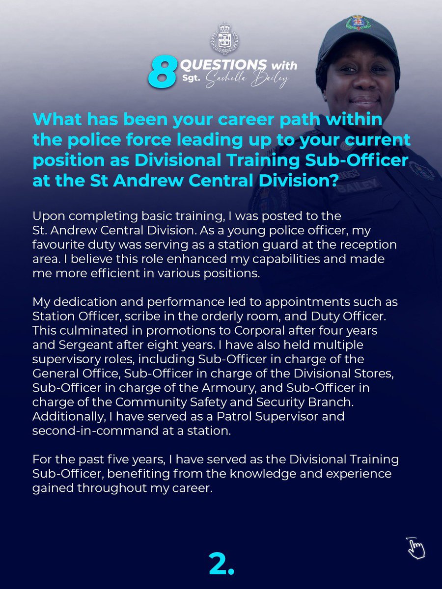 JamaicaConstab's tweet photo. Meet Sergeant Sachella Bailey, the Divisional Training Officer for the St Andrew Central Division.
Learn more about her through these 8 Questions.
#8QuestionsWith
#AForce4Good
1/3 https://t.co/MGCrAbMaA1