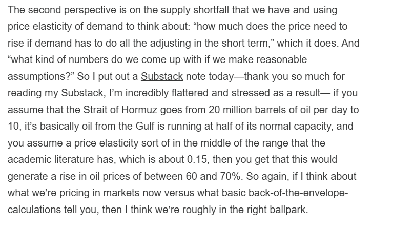 lugaricano's tweet photo. The interview of @robin_j_brooks by @paulkrugman is outstanding. He puts to very good use all we (particularly he!) learned from Russian sanctions to try to understand the Hormuz shock. I post two key answers:
- Price may not have a lot more to increase: 3x quantity shock, 3x price shock. Fits also with elasticities. So we are (pricewise) done, in his view.
- US should announce a hard oil embargo on Iran. Only way to conclude this. 
More in his note and in Paul Krugman's interview
https://t.co/KKEUnb731f
https://t.co/1biOduXvUi