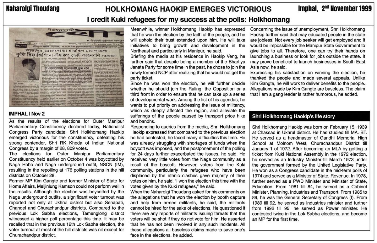 KhambaMoir7985's tweet photo. Newspaper clip from 2nd Nov, 1999.
Elected Kuki MP credits Refugees for his victory in poll. https://t.co/PsHn9FnSuT