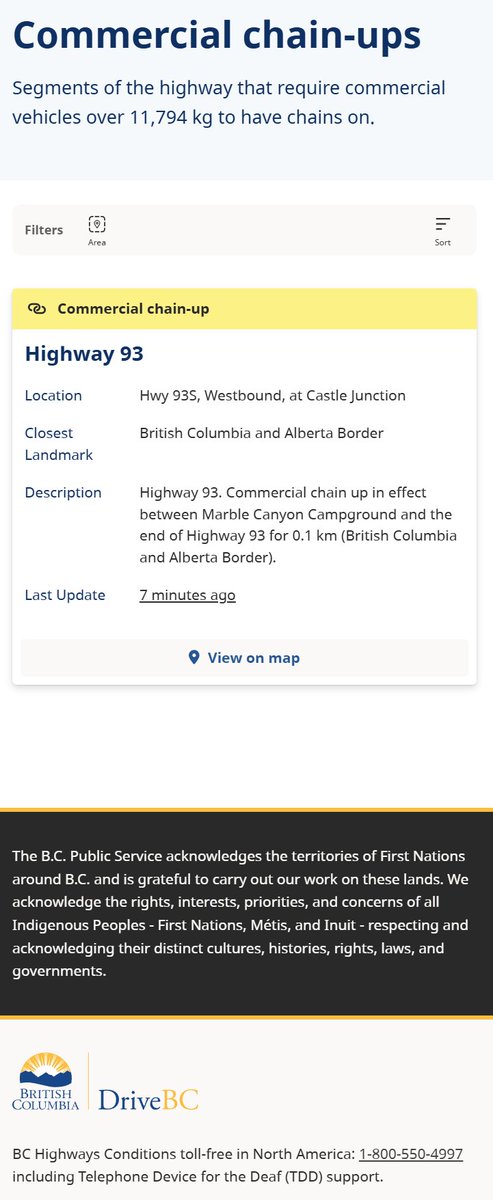 DriveBC's tweet photo. 🚛⛓️#BCHwy93 Westbound Commercial Vehicles over 11,794 kg to have chains on at #CastleJunction. @511Alberta
ℹ️https://t.co/ueKAHPG0nv https://t.co/Lcj9A0CcFf