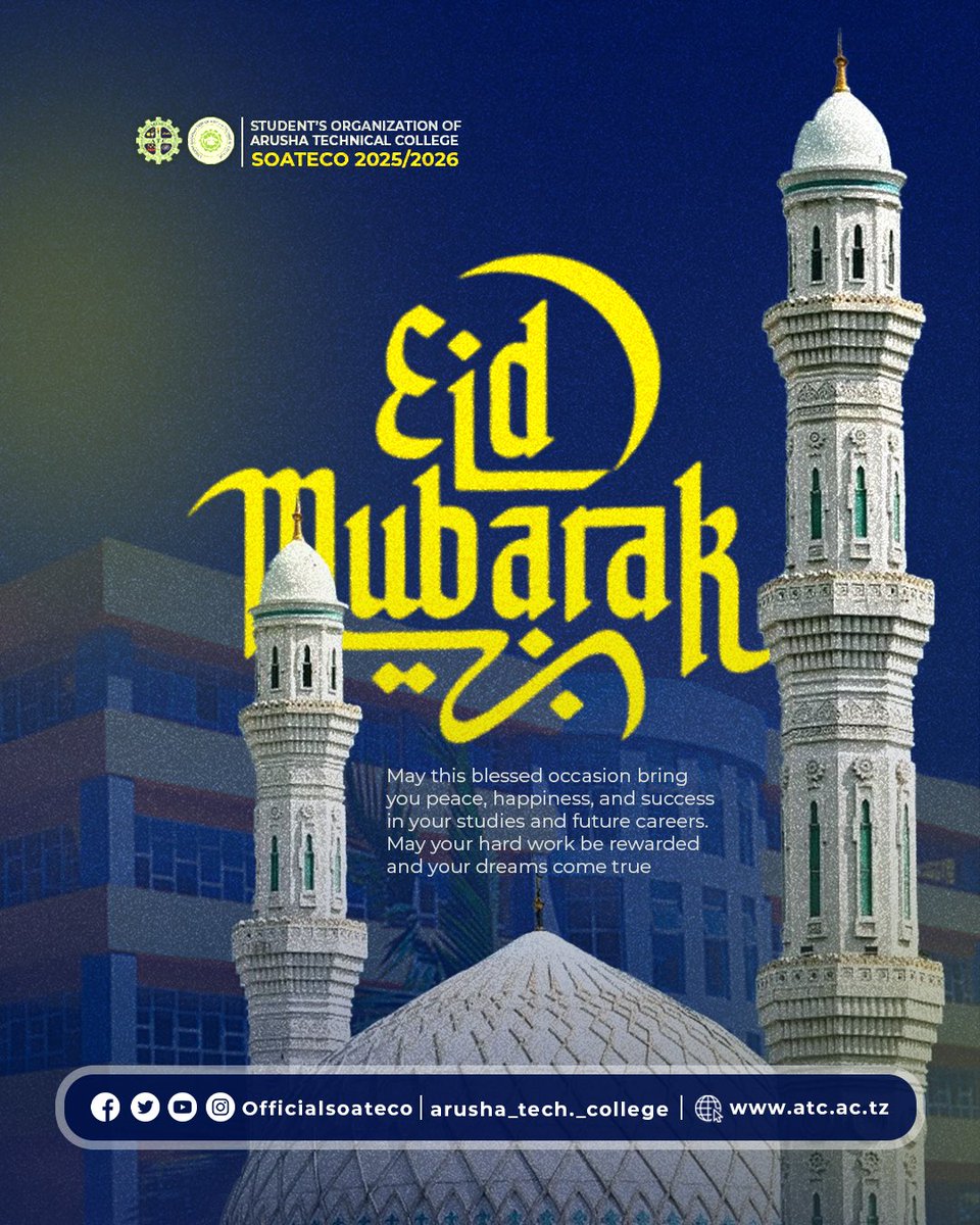 Eid Mubarak, dear students of Arusha Technical College! 🌙
May this special day inspire you to keep striving for excellence, gaining knowledge, and building a bright future. Wishing you joy, unity, and continued success!