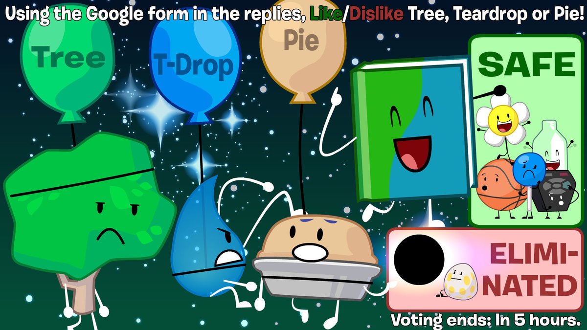 sharefromab's tweet photo. #bfdi #osc #viewervote

And THATS IT! Blackhole has been eliminated, and Lollipop, who got the most likes, has turned into a nice blueberry pop!

Anyway, TD Pie and Tree are up for elimination! And this time, i'm using google forms for the elimination. See the form in the replies https://t.co/HP7LKwI9J4