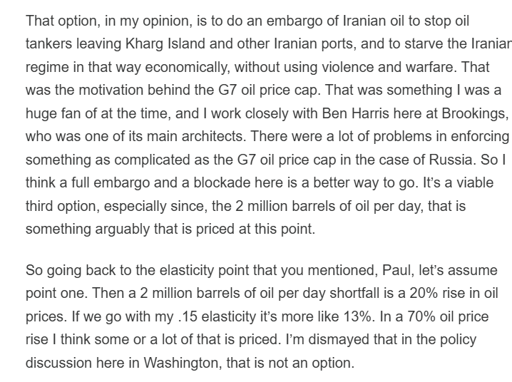 lugaricano's tweet photo. The interview of @robin_j_brooks by @paulkrugman is outstanding. He puts to very good use all we (particularly he!) learned from Russian sanctions to try to understand the Hormuz shock. I post two key answers:
- Price may not have a lot more to increase: 3x quantity shock, 3x price shock. Fits also with elasticities. So we are (pricewise) done, in his view.
- US should announce a hard oil embargo on Iran. Only way to conclude this. 
More in his note and in Paul Krugman's interview
https://t.co/KKEUnb731f
https://t.co/1biOduXvUi