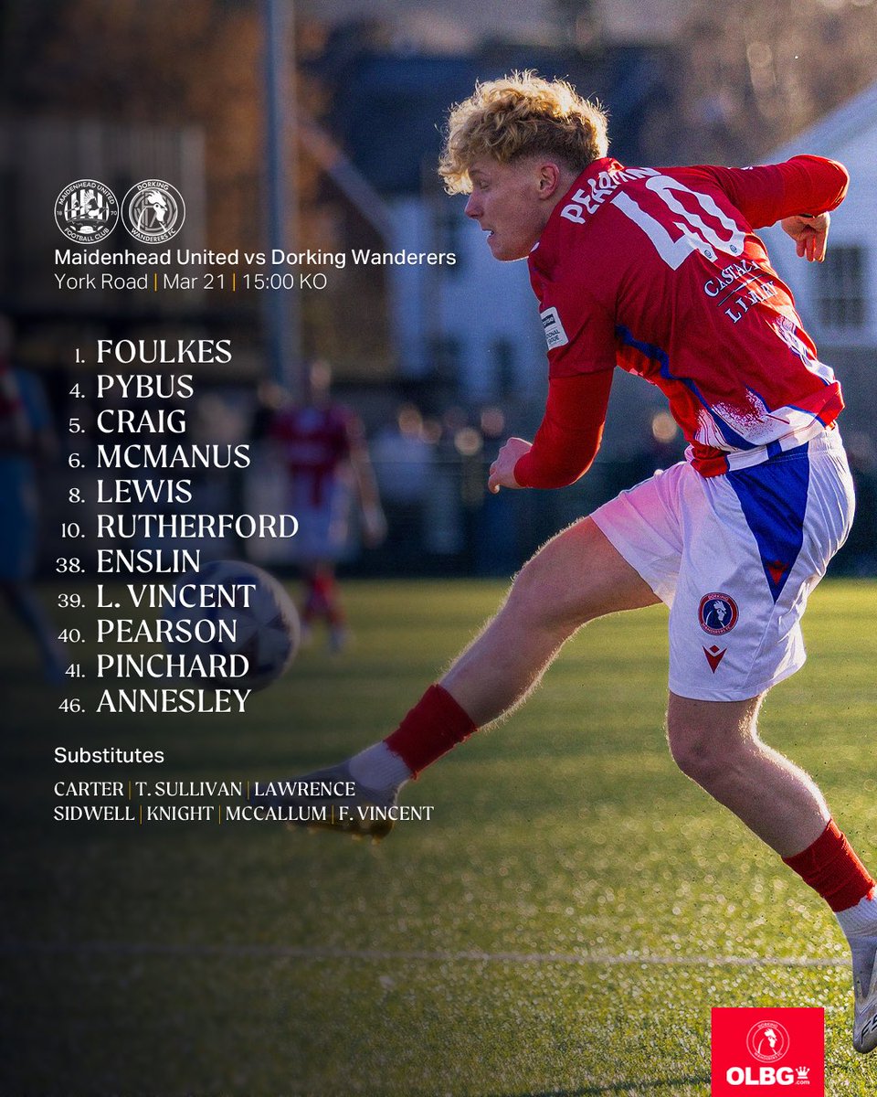DorkingWDRS's tweet photo. THIS AFTERNOON’S WANDERERS 👀

♦️ Craig returns to the XI 💪
♦️ Enslin and Lewis on the wings 💨
♦️ Rutherford leads the line 🔥 https://t.co/YntvmPUfYH