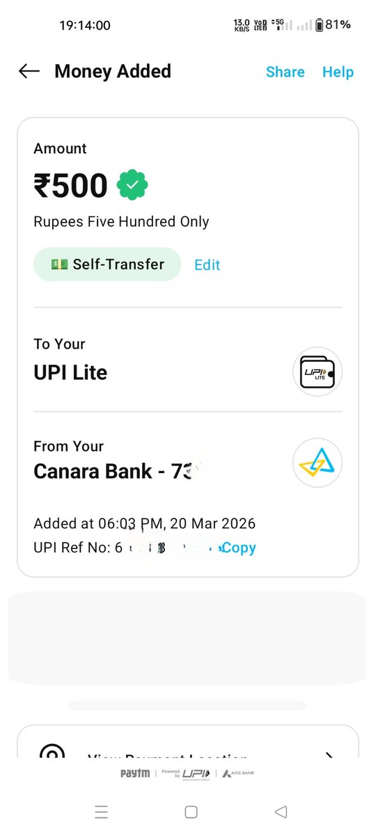 Sunil19112024's tweet image. @Paytm @Paytmcare,
On 20/03/2026 at 6:03 pm, I added ₹500 to my UPI Lite account. However, the amount is currently not reflecting in my balance. Kindly look into this issue at the earliest and resolve it. #Paytm #UPI