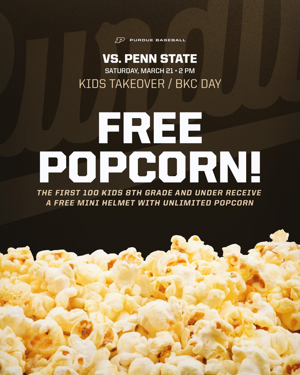 70-degree Saturday &amp; free 🍿 for the kids. Come see #Purdue light up the scoreboard at home again. #BoilerUp

🚂 🆚 🦁
🕑 2 PM
🏟️ Alexander Field
💪 <a href="/ZachErdman_2022/">𝑍𝑎𝑐ℎ 𝐸𝑟𝑑𝑚𝑎𝑛</a> vs RHP Ben Hudson
🧢 Mini Helmet Giveaway for the kids
📺 B1G+ (use code 3MONTHS)
🔊 PurdueSports App &amp; Website