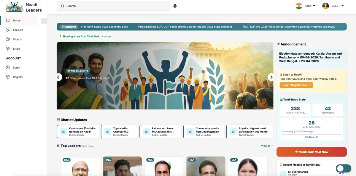 naadileaders's tweet photo. Your MLA's performance in your hands! 🌟 https://t.co/JoMwNU6V1b lets you rate honestly (3-5 stars only), share constructive suggestions, and demand better governance. No hate, just real feedback. 24+ citizens already joined – your turn?

Visit now: https://t.co/wA8AlkuFni

#NaadiLeaders #RateYourMLA #VoteWisely #AssemblyElections2026 #IndianPolitics #Transparency