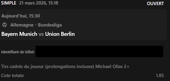 BET DU JOUR  ⤵️

🇩🇪 Bayern vs Union Berlin

Michael Olise — 2+ tirs cadrés
<a href="/1/">1</a>.85

🟢 Match dispo' :
👉 is.gd/EjUeJQ👈

❤️ Like si tu suis le bet

#TeamParieur #Pronos