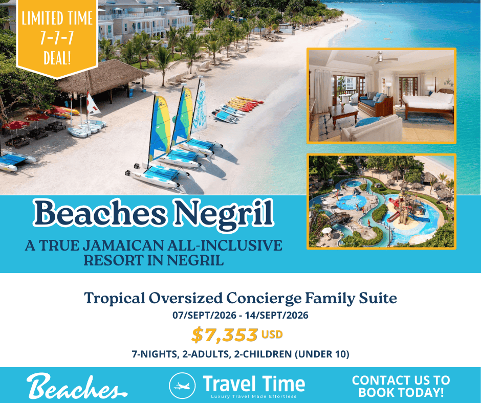 TravelTimeLois's tweet photo. 🌴 Escape to Paradise with our Exclusive 7-7-7 Deal! 🌴

Looking for a family getaway? Look no further than Beaches Negril!
We have an incredible, limited-time offer on a Tropical Concierge Family Suite from 07 Sept - 14 Sept 2026 for only $7,353 USD!
📲 Contact us to book today! https://t.co/4vJXrehiiO