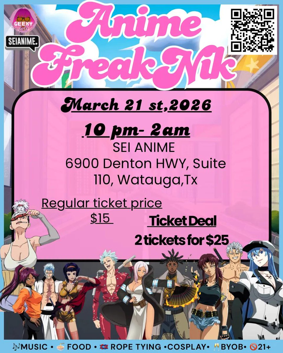kinkyforall's tweet photo. 🚨 TONIGHT IS THE NIGHT 🚨
Pull up to Anime Freak Nik 🔥
Cosplay. Kinks. Vibes.😈
If you love anime, good energy, and a little chaos… this is YOUR scene.

📍 SEI ANIME – Watauga, TX
🕙 10PM – 2AM
🎟 $15 | 💥 2 for $25 DEAL
🎶 Music • 🍜 Food • 🪢 Rope Tying • 🎭 Cosplay https://t.co/UbBbMCrTKk
