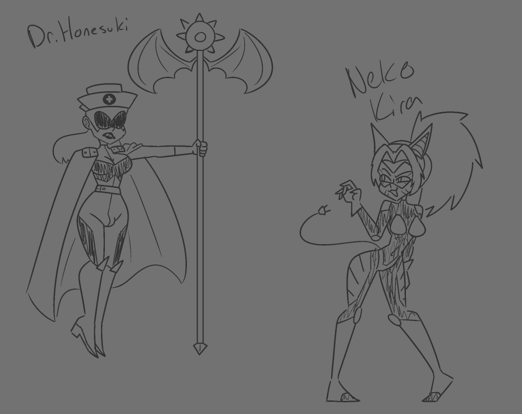 strawberriexe's tweet photo. Im trying to design a new line of super hero/villain OCs because I want to draw more kinds of ballbusting art. 

(@Barf_on_Squid 's OC making a small cameo on the right) https://t.co/SxZQSGPE92