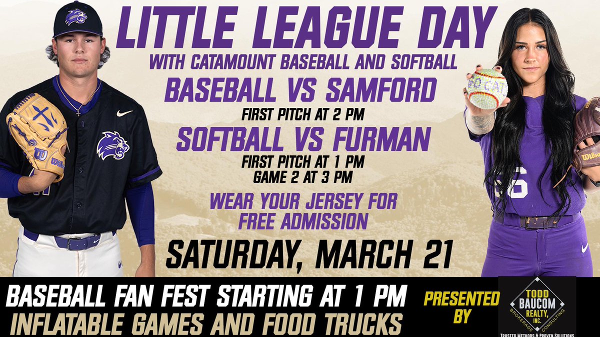 CatamountBSB's tweet photo. "Well, I beat the drum and hold the phone; the sun came out today! We're born again, there's new grass on the field."

It's a NEW DAY - 'WHEE are ready to be back at the ballparks for LITTLE LEAGUE DAY! Investing in our future @Catamounts, thanks to Todd Baucom Realty! https://t.co/f05zGMMxGp