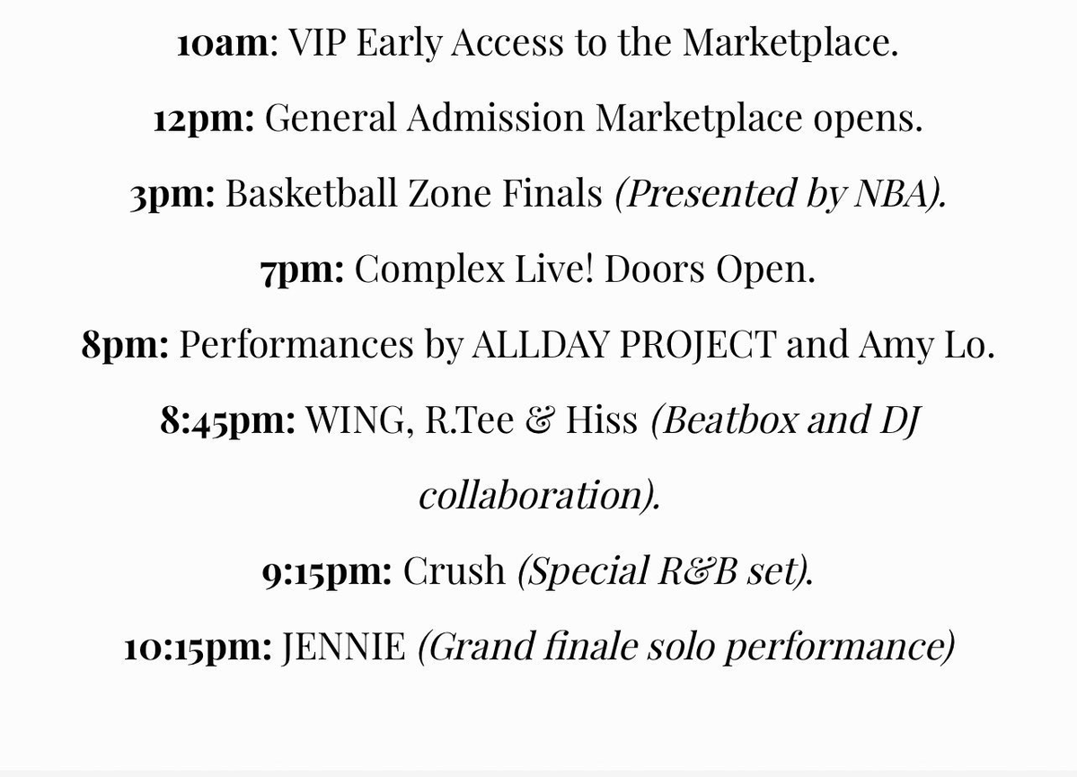 สำหรับงาน ComplexCon Hong Kong วันพรุ่งนี้ เจนนี่จะขึ้นปิดงาน เวลาประมาณ 21:15 น. (ไทย) มารอเชียร์เจนนี่กันเยอะๆนะคะ 

Taglines: 
JENNIE HEADLINES COMPLEXCON  
ENNIE in Hong Kong 

 Hastag:  
#.JENNIExComplexCon

#JENNIE
