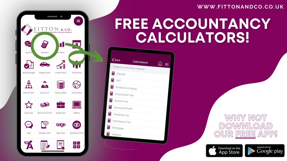 FittonandCo's tweet photo. Our App comes with free, easy-to-use calculators for all your key accountancy needs!
💰 Payslip
🏠 Mortgage
📊 VAT
💼 Corporation Tax
💷 Dividend vs Salary
...and more!

Download today (use password FITTO): 
https://t.co/jh4tAQNCFD
https://t.co/iYK2YvogAi

#AccountancyCalculator https://t.co/WhIVmeeaF7