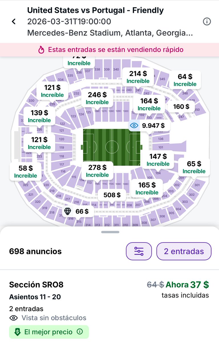 Así los costos de las entradas para el México vs Portugal (del 28 de marzo) y del Estados Unidos vs Portugal (del 31 de marzo) en la plataforma stubhub.com 👇🏼