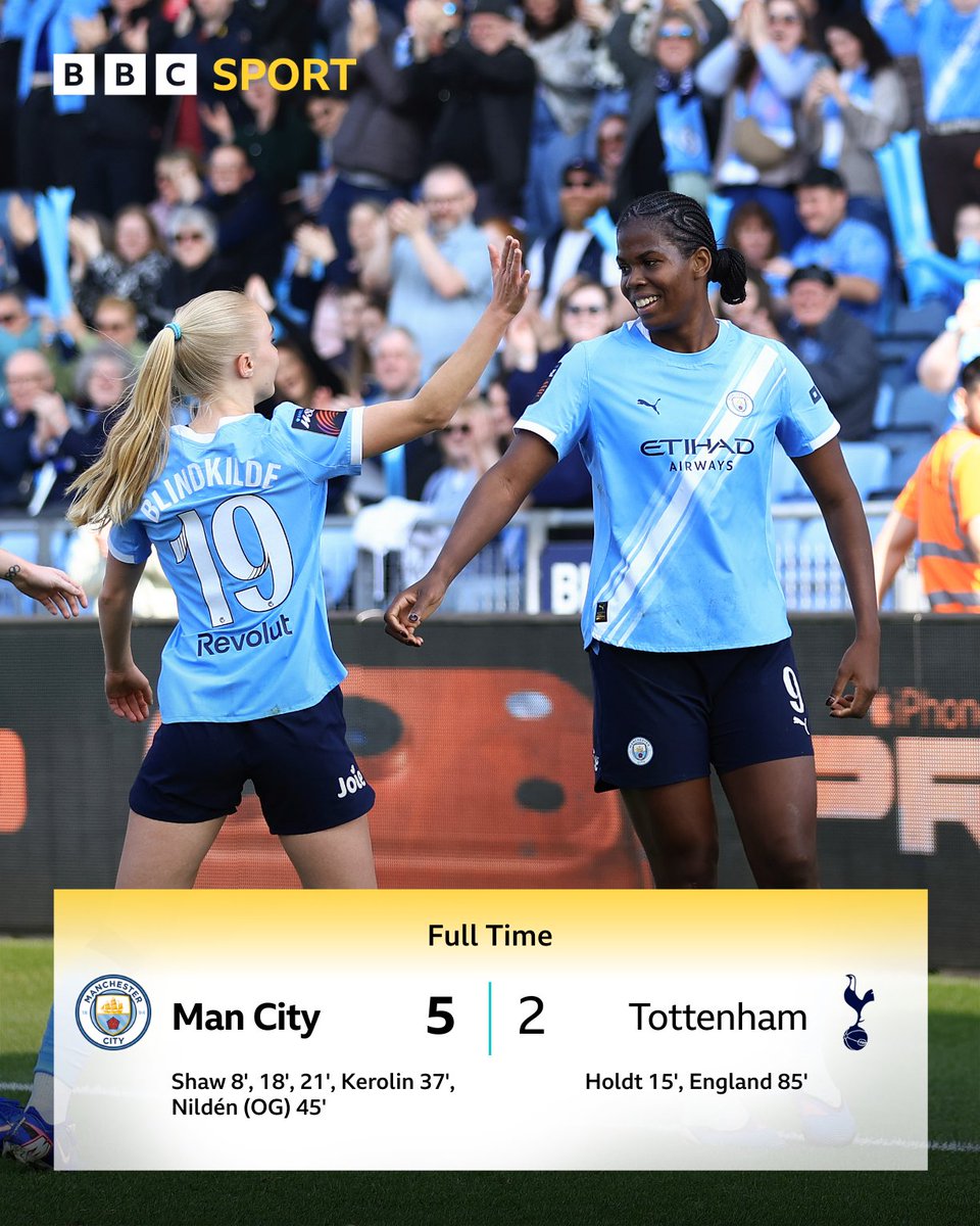 BBCMOTD's tweet photo. Bunny Shaw is inevitable!

Manchester City's grasp on the Women's Super League title has tightened with an emphatic victory over Tottenham. https://t.co/Rf4BNHlxZv