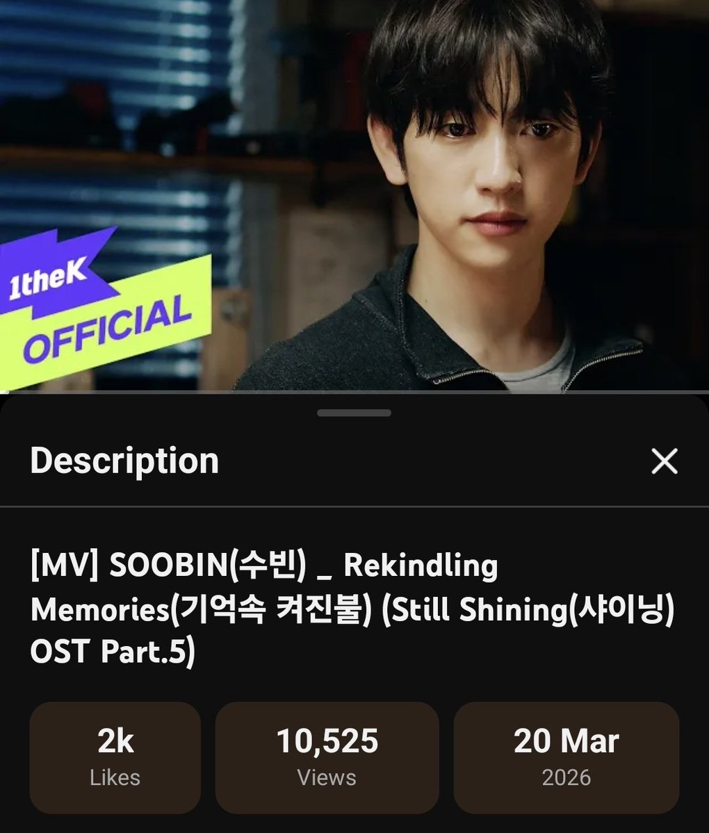 streamingsoob's tweet image. #SOOBIN’s Rekindling Memories (기억속 켜진불) - 샤이닝 OST Part.5 | Still Shining MV has surpassed 49K views on YouTube with 6.8K likes!*

*Numbers combined from both releases

Thank you for supporting Soobin and keep #streamingsoobin !

▶️: youtu.be/vkXFrkCWajQ?si…

SOOBIN OST