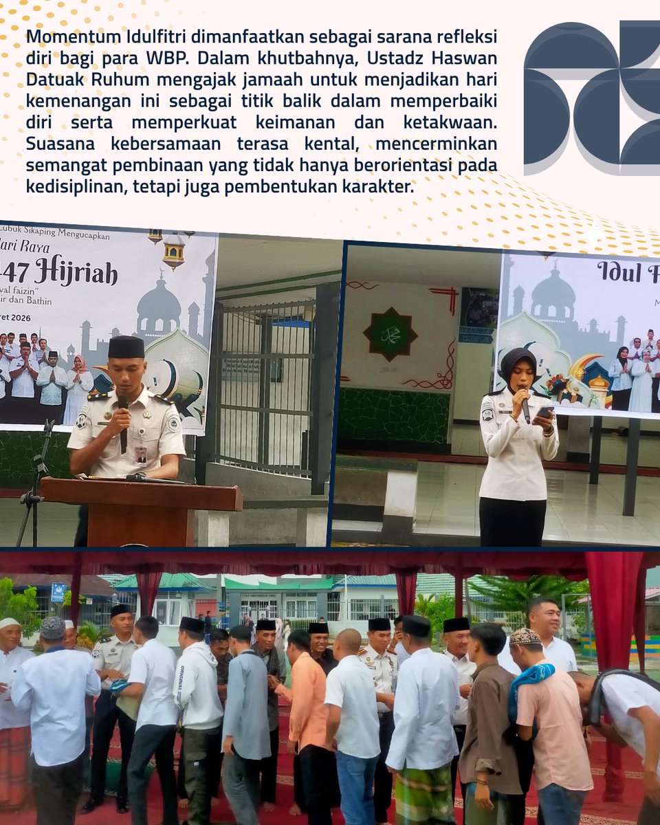 rutanlusika's tweet image. Rutan Lubuk Sikaping menggelar pelaksanaan Sholat Idulfitri dan pemberian Remisi Khusus Hari Raya Idulfitri 1447 H pada Sabtu (21/3).

#imipasprima #kemenimipas #guardandguide #infoimipas #pemasyarakatan